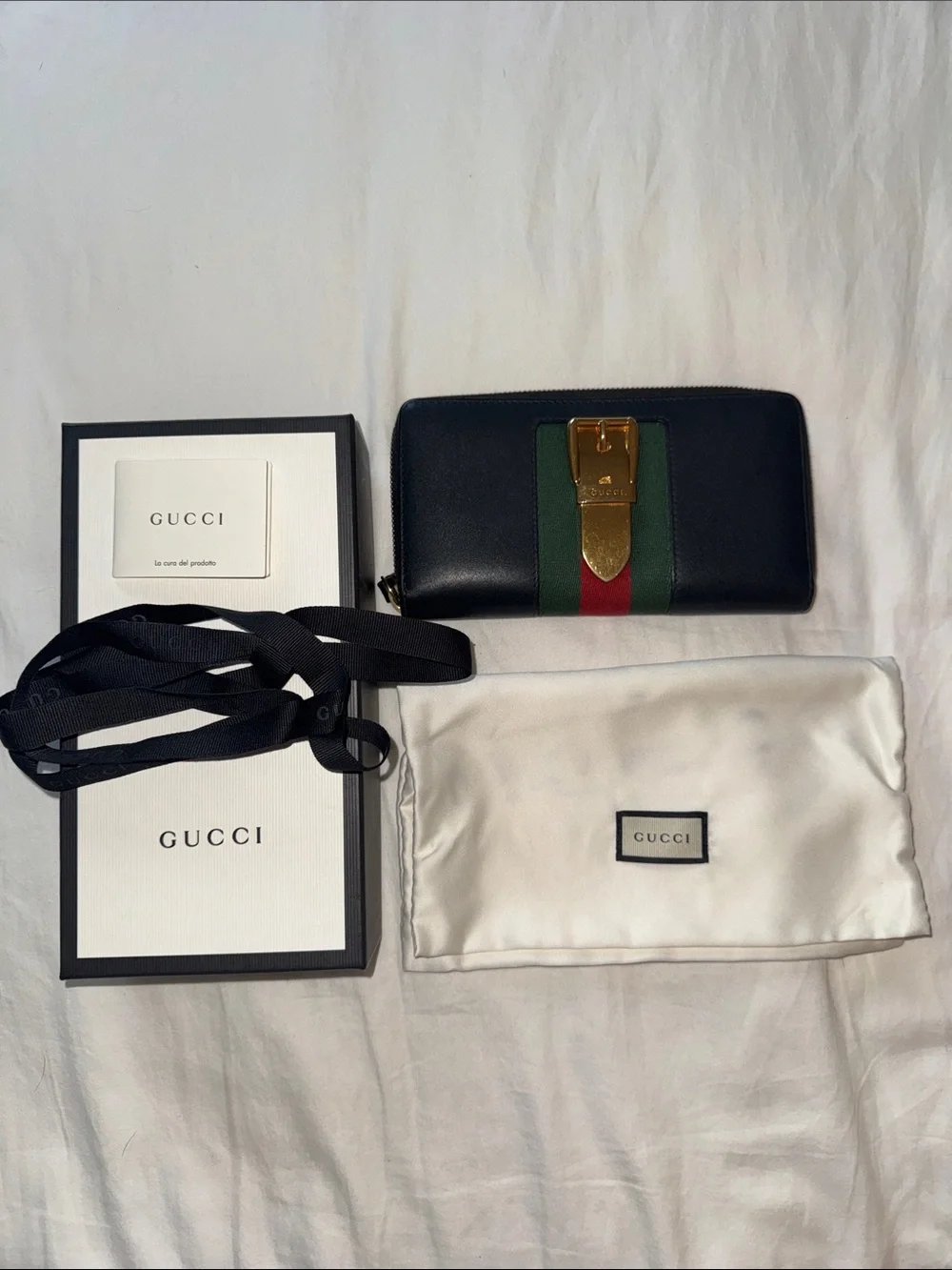Gucci Black Leather Zip Wallet with Green and Red Web Stripe and Gold Buckle